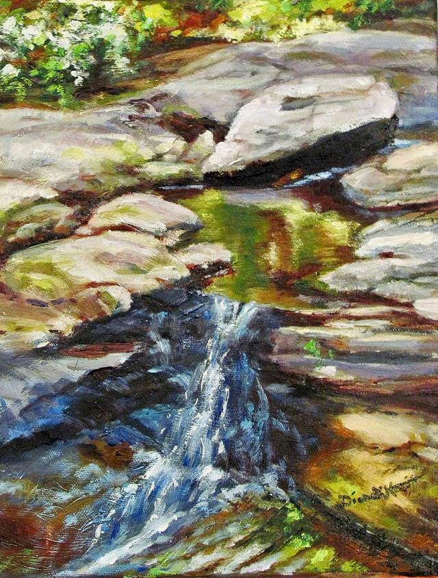Chapel Falls by Diane K. Hewitt  Image: A Water Fall Tumbles Down From Flat Rocks in this Realistic Fine Art Oil Painting Of A Tranquil Area Of Calloway Gardens Golf Resort and Spa in Pine Mountain, GA., ‘Chapel Falls’, by Georgia Representational Artist Diane K. Hewitt. 