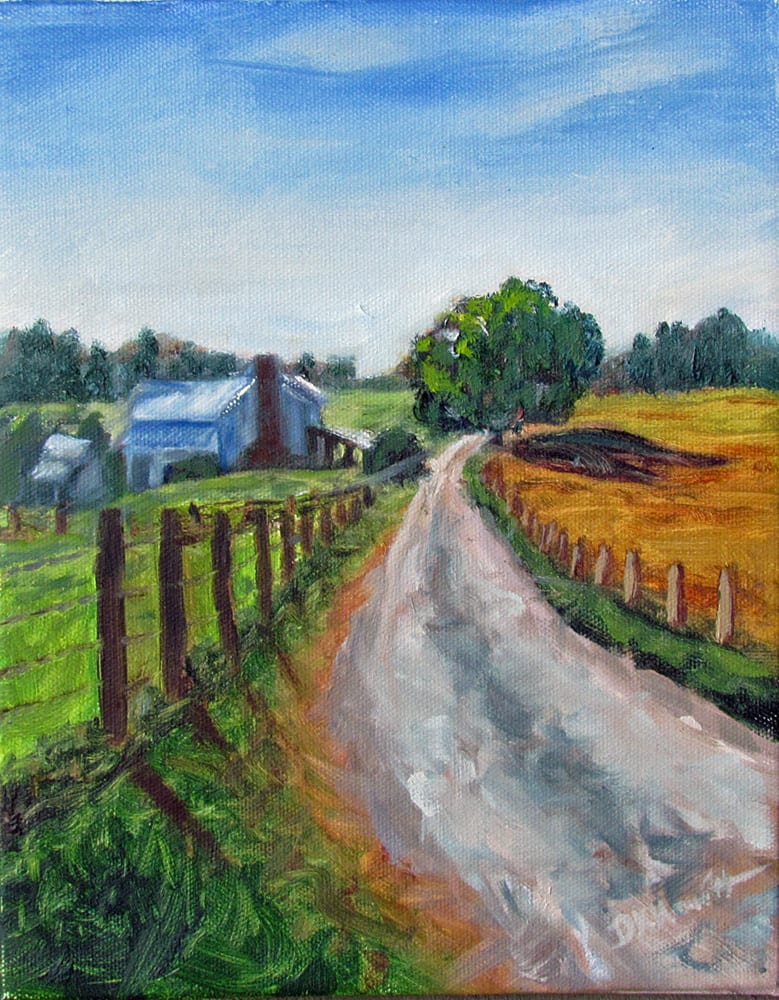 A Day In The Country by Diane K. Hewitt  Image: An Impressionistic Landscape Fine Art Oil Painting of a Simple Country Road, Fence, and Farm House,” A Day In The Country”  by Georgia artist Diane K. Hewitt. 