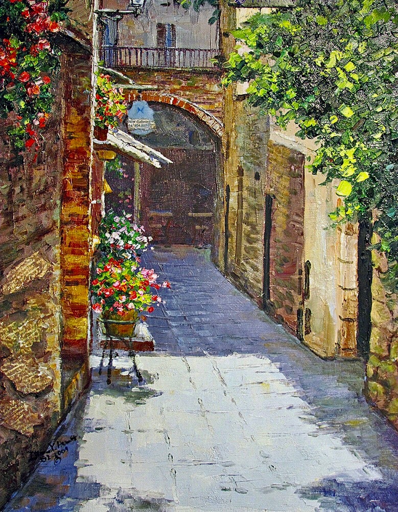 Italian Village Street I by Diane K. Hewitt  Image: Impressionistic  Representation  of a Cobblestone and Ancient Brick  Storefront Alley in Medieval Massa Marittima, Italy  Fine Art Oil Painting “ Italian Village Street I “ by Georgia Landscape Artist Diane K. Hewitt 