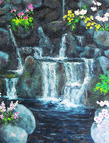 Florida Botanical Gardens Waterfall by Diane K. Hewitt  Image: An Impressionistic Water Fall Cascades From a Man-Made Mountain, Surrounded by Orchids in this Representational  Fine Art Oil Painting , ‘Florida Botanical Gardens Waterfall’ , by Georgia Artist, Diane K. Hewitt 
