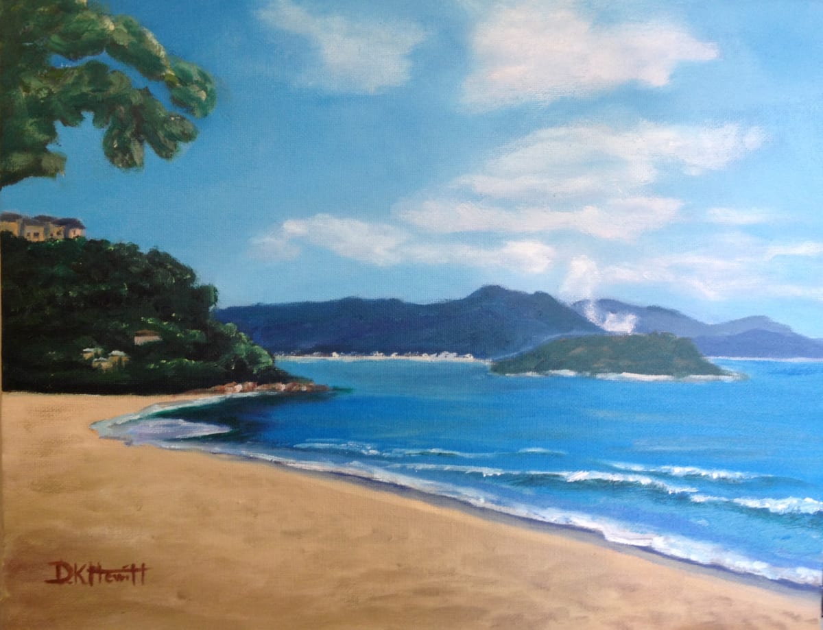 Quiet Brazilian Beach by Diane K. Hewitt  Image: A Sandy Serene Coastline in Brazil, South America with Mountains in the Background, in a Fine Art Oil Painting, ‘Quiet Brazilian Beach’, by Georgia n Impressionist and Representational Artist Diane K. Hewitt 