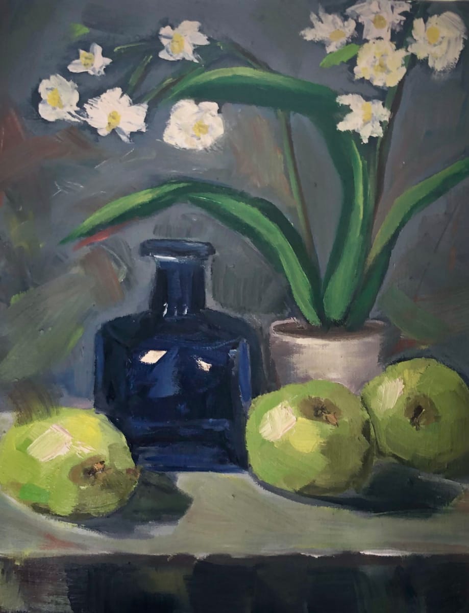 Green Apples And  Cobalt by Diane K. Hewitt  Image: Impressionistic Still Life Oil Painting “Three Apples and Blue Glass Bottle" by Georgia Contemporary Artist Diane K. Hewitt 