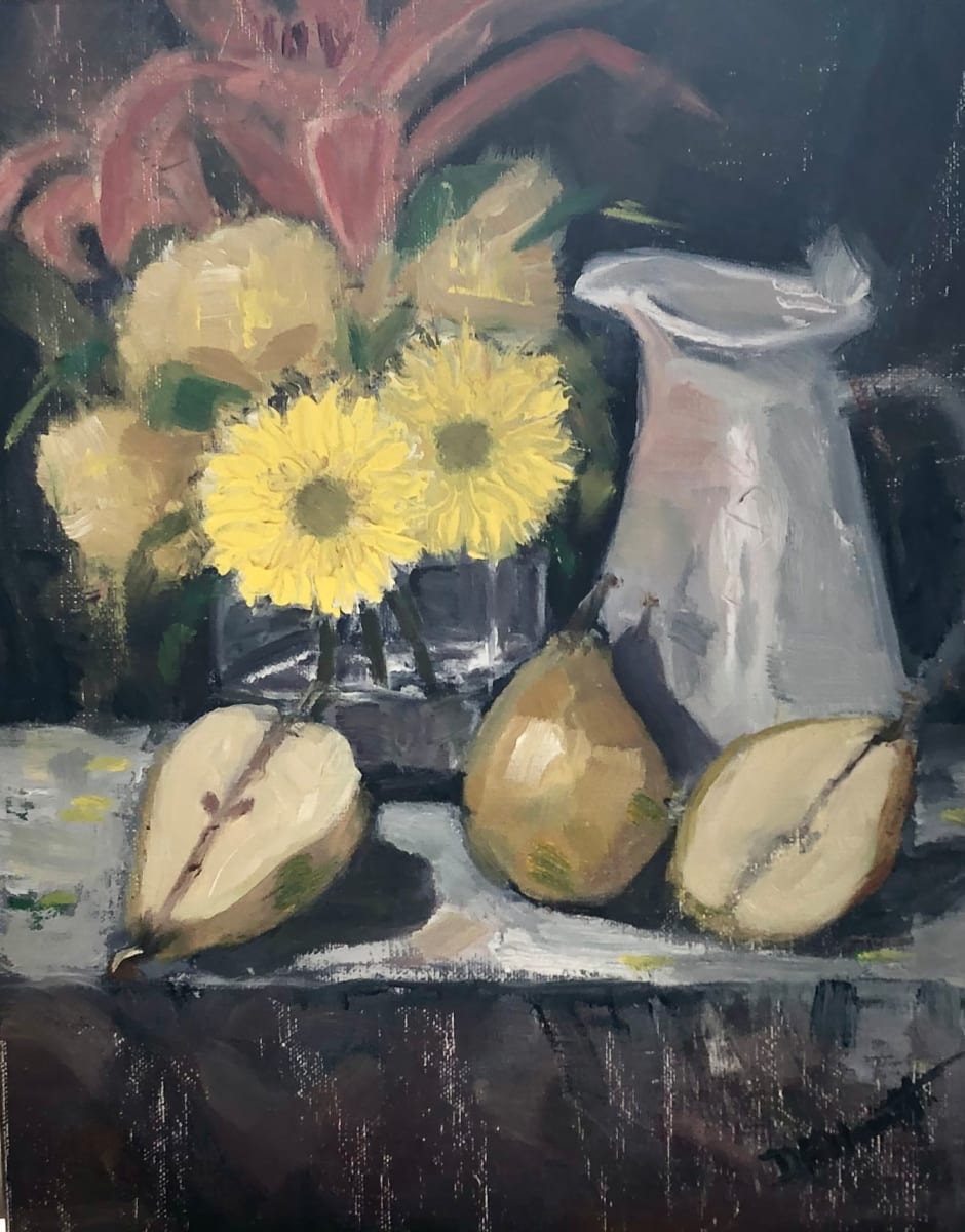 Daisies and Pears by Diane K. Hewitt  Image: An Impressionistic Still Life Oil Painting “Daisies and Pears” by Contemporary Georgia Artist Diane K. Hewitt