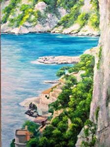 Cliffs Of Capri by Diane K. Hewitt  Image: A Breath-taking View Of The Mediterranean Sea From  A Cliff On The Island Of  Capri, Italy In a Representational Fine Art Oil Painting "Cliffs Of Capri" by Georgia Contemporary Artist Diane K. Hewitt 