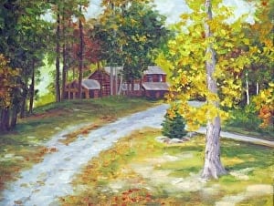 BLUE RIDGE CABIN by Diane K. Hewitt  Image: A Log Home on a Quiet Country Mountain Road in a Impressionistic Fine Art Oil , ‘Blue Ridge Cabin’, by Representational Southern Artist Diane K. Hewitt  