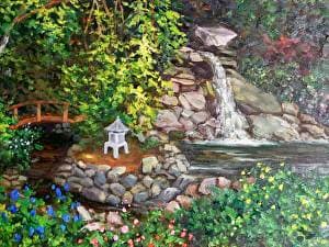 Japanese Garden by Diane K. Hewitt  Image: A Contemporary Impressionistic of a Water Fall, Koi Pond, and Stream in a Zen Scene, ‘Japanese Garden’ , by Repesentational Georgia Artist Diane K. Hewitt 