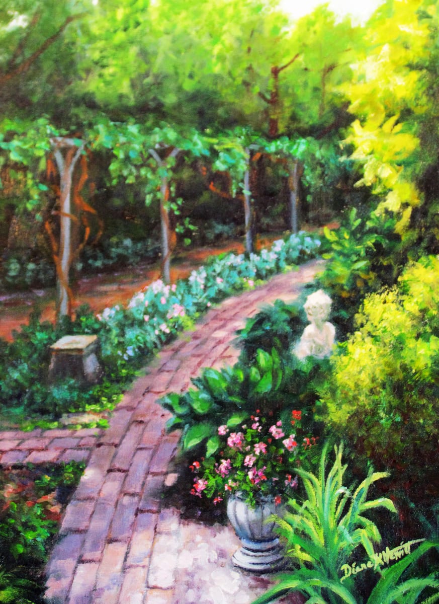 English Garden Path by Diane K. Hewitt  Image: An Impressionistic Brick  Garden Path Meanders Past Grapevines, Perennial Flowers and Plants in this Fine Art Painting, ‘English Garden Path’, by Southern Artist Diane K. Hewitt 