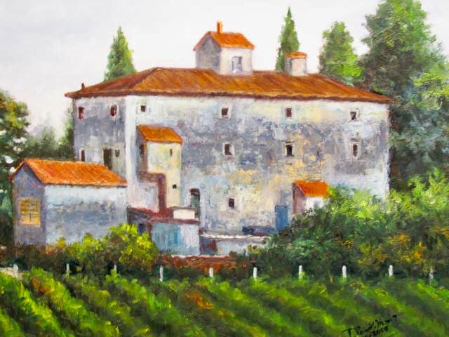 Tuscan Farmhouse by Diane K. Hewitt  Image: An Impressionistic Structural Fine Art Oil Painting of a Rustic Farmhouse And Grape Vines in the Area of Tuscany in Italy, “ Tuscan Farmhouse “, by Georgian Artist Diane K. Hewitt. 