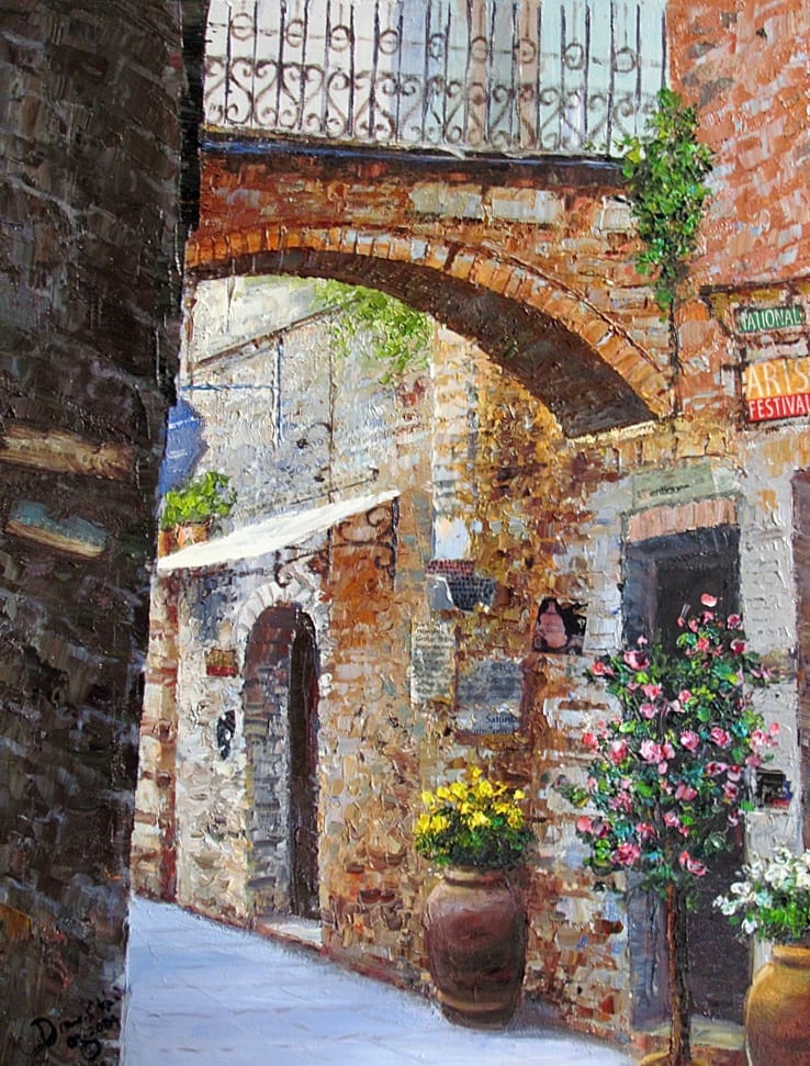 Italian Village Street II by Diane K. Hewitt  Image: Impressionistic  Representation  of a Cobblestone and Ancient Brick  Storefront Alley in Medieval Massa Marittima, Italy  Fine Art Oil Painting “ Italian Village Street I “ by Georgia Landscape Artist Diane K. Hewitt 
