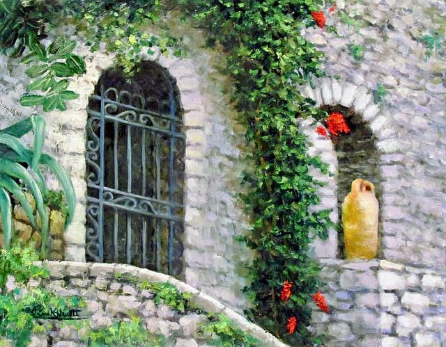 Gated Entry In Capri by Diane K. Hewitt  Image: Impressionistic  Representation  of a Cobblestone Structure with Plants and Urn in Capri, Italy  Fine Art Oil Painting “Gated  Entry in Capri “ by Georgia Landscape Artist Diane K. Hewitt 
