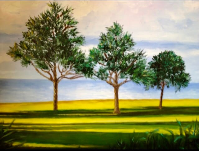 Three Trees In  Bermuda by Diane K. Hewitt  Image: Three Pine Trees Cast Wide Shadows On The Grass At  A Grassy Resort On The Coast Of Bermuda In This Contemporary  Original Fine Art Oil Painting, ‘Three Trees In Bermuda’, By Georgia Artist Diane K. Hewitt 