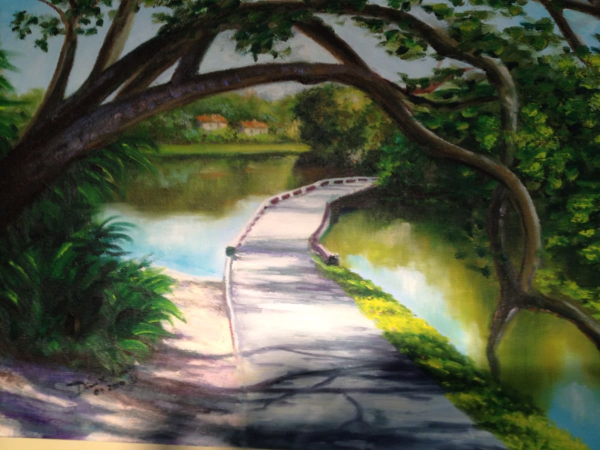 Bent Tree Path by Diane K. Hewitt  Image: An Impressionistic Fine Art Oil Painting  of a Bridge  Across a Golf Course Lake in Amelia Island, FL, ‘‘Bent Tree Path’, by Georgia Artist Diane K. Hewitt 