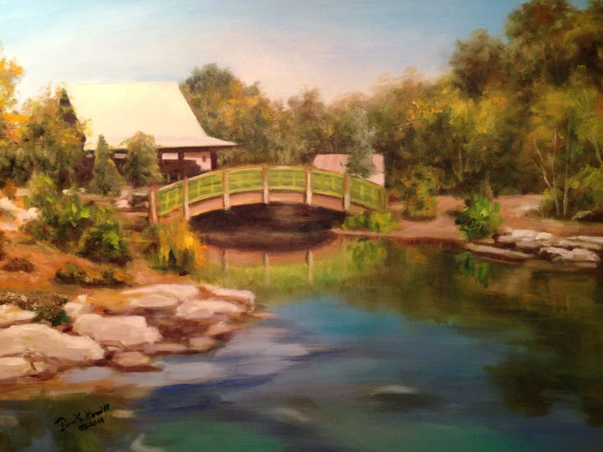 Bridge Over Koi by Diane K. Hewitt  Image: Impressionistic landscape  bridge and lake fine art oil painting “Bridge Over Koi”, by Diane K. Hewitt 