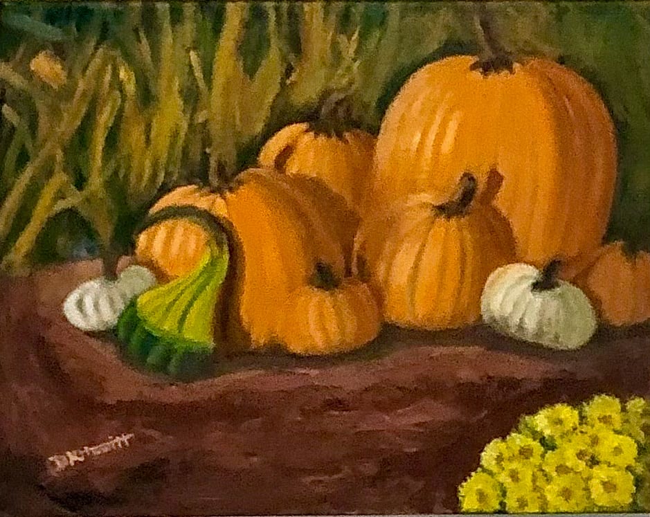 Harvest Meet-Up by Diane K. Hewitt  Image: Pumpkins Have Been Plucked From The Vines  And Placed In A Display Just In Time For Fall  In This Oil Painting, ‘Harvest Meet-Up’ by Georgia Artist Diane K. Hewitt 