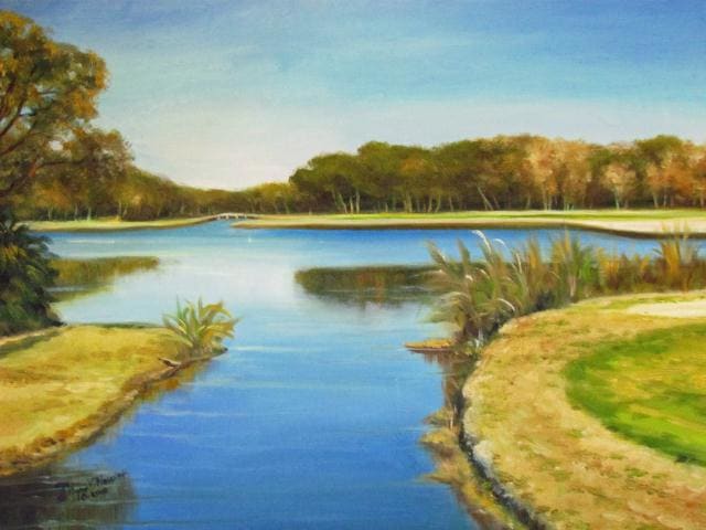 Amelia Isle Lake by Diane K. Hewitt  Image: Impressionistic Fine Art  Oil Painting of a  Golf Course on a Lake at a Resort,  ‘Amelia Isle Lake’ , by Contemporary Georgia Artist Diane K. Hewitt 