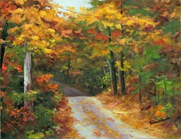 Over A Mountain Road II by Diane K. Hewitt  Image: A Dirt Road Winds Up Through The Colorful Fall Leaves in  the Appalachian Mountain  of North Georgia in Fine Art Oil Painting ‘Over A Mountain Road II’, by Georgian Representational Artist, Diane K. Hewitt