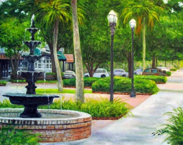 Main Street Fernandina by Diane K. Hewitt  Image: An Impressionistic Fine Art Oil Painting  of  a Florida City with a Water Fountain, Sidewalks and Lamp Posts, ‘Main Street Fernandina’, by Representational Georgia Artist Diane K. Hewitt