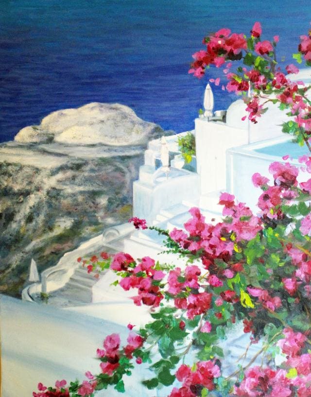 Santorini Flowers by Diane K. Hewitt  Image: Santorini Flowers Contemporary Impressionism Hand Painted Oil Painting Of Mediterranean Sea And Homes In Greece On Stretched Canvas. 