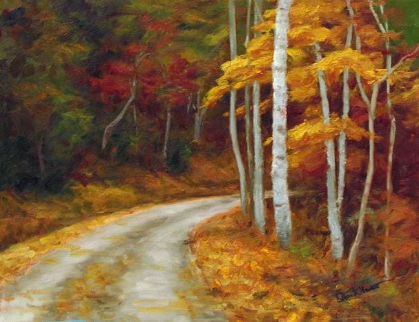 Over A Mountain Road I by Diane K. Hewitt  Image:  A Dirt Road Through The Brilliant Colors of  Autumn Leaves in  the Appalachian Mountain  of North Georgia in Fine Art Oil Painting ‘Over A Mountain Road I’ by  Georgian Representational Artist, Diane K. Hewitt to