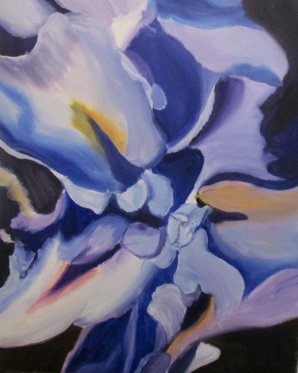 Into Blue Iris by Diane K. Hewitt  Image: A Representational Close-Up Of An Iris In The Garden in this Original Fine Art Oil Painting , ‘’Iris in Blue’ , by Georgia Artist  Diane K. Hewitt. 
