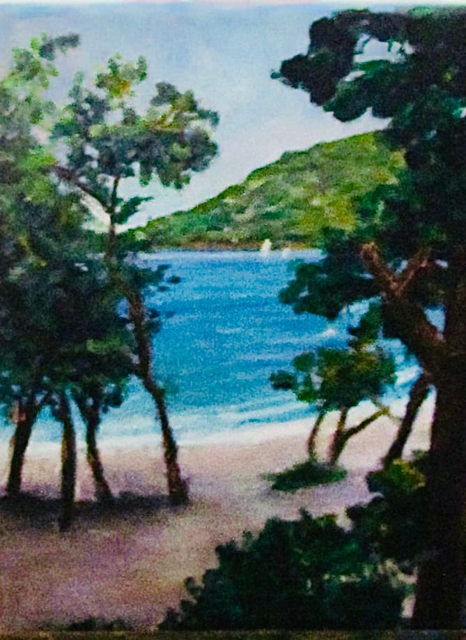 Caneel Bay I by Diane K. Hewitt  Image: Pink Sandy Beach Welcomes People To ‘Caneel Bay’ Beach In This Impressionistic Fine Art Oil Painting by Representational Georgia Artist  Diane K. Hewitt