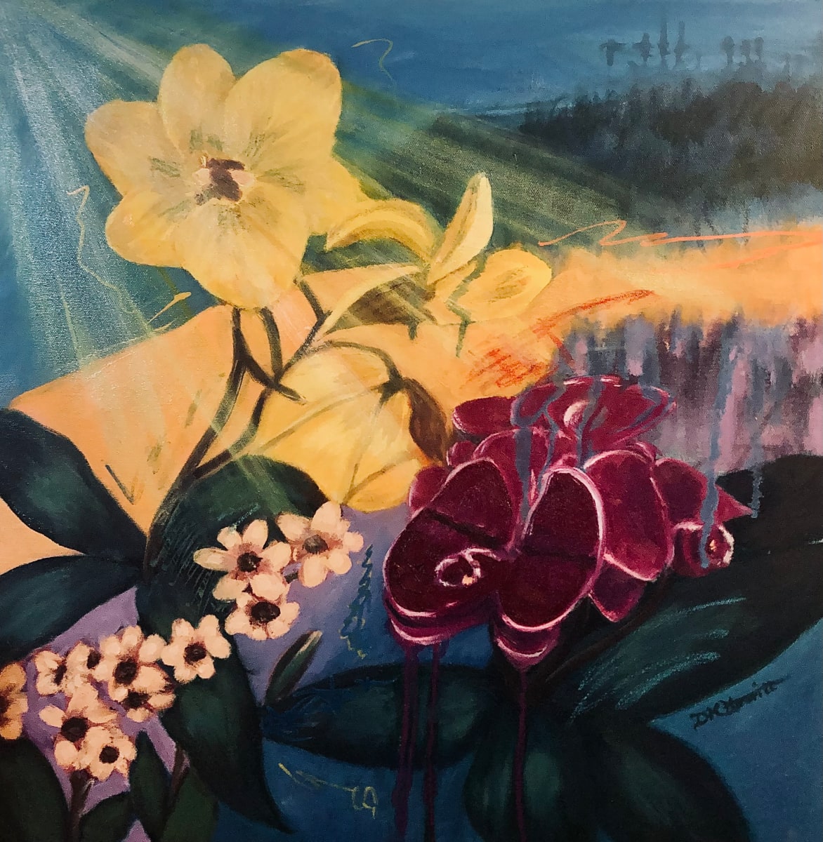 Vibrant Ascension by Diane K. Hewitt  Image: Orchids Grow On A Magical Mountainside In This Fantasy Abstract Landscape Oil Painting Titled ‘Vibrant Ascension’ By Georgia Contemporary Artist Diane K. Hewitt 
