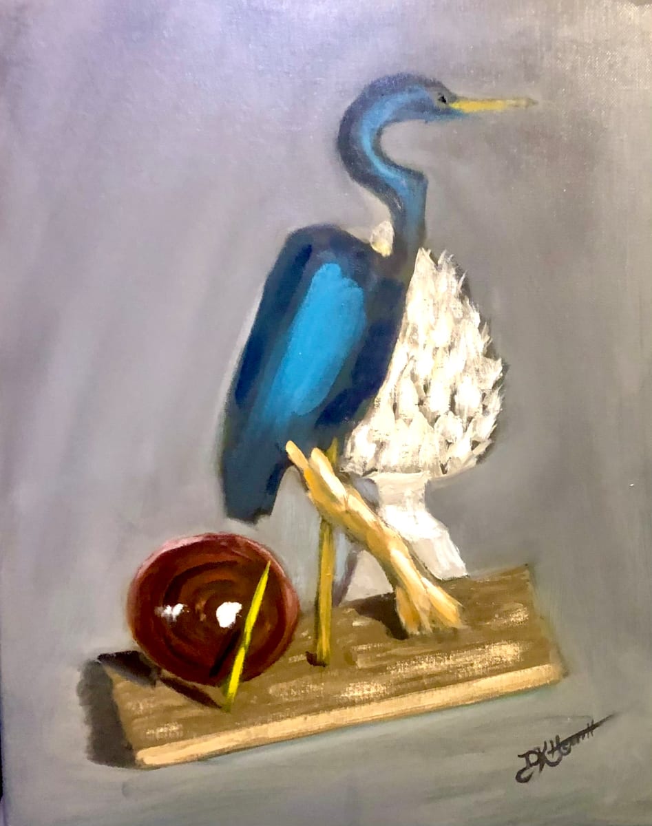 Blue Heron On Stand Still Life by Diane K. Hewitt  Image: Herons Are One Of The Great Mysteries Of The Marsh, Featured Here As A Part Of A Fine Art Still Life Oil Painting By Georgia Contemporary Artist Diane K. Hewitt 