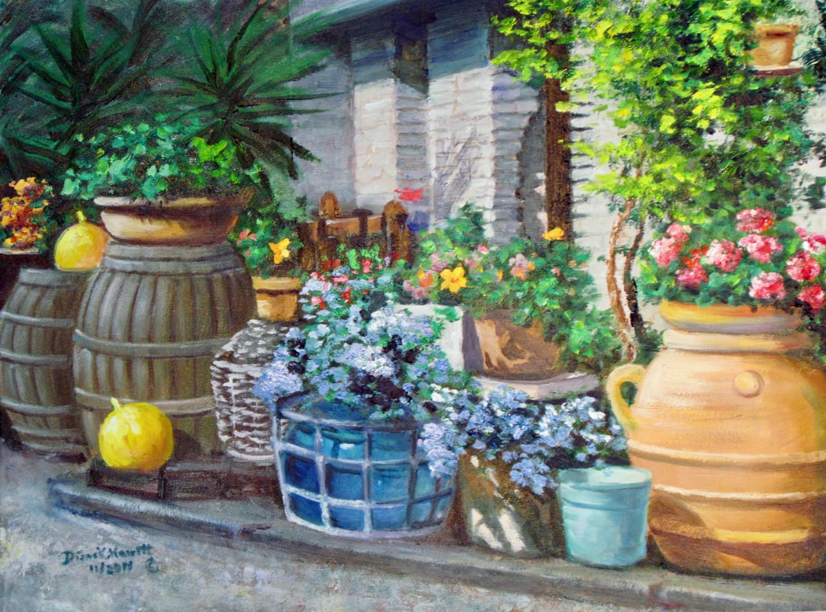 Tuscan Farmhouse Courtyard by Diane K. Hewitt  Image: A Still Life Fine Art Oil Painting of an Italian Grape Farmer’s Plant and Vessel Display, Tuscan Farmhouse Courtyard’, by Representational Georgia Painter Diane K. Hewitt. 