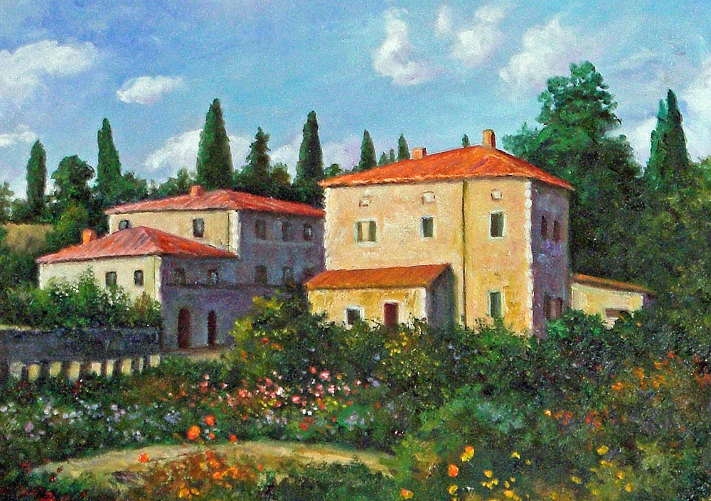 Tuscan Homes I by Diane K. Hewitt  Image: An Original Representational Oil Painting of Two Houses And Their Gardens On A Road In The Tuscany Region of Italy, ‘Tuscan Homes I ‘, By Georgia Painter Diane K. Hewitt 