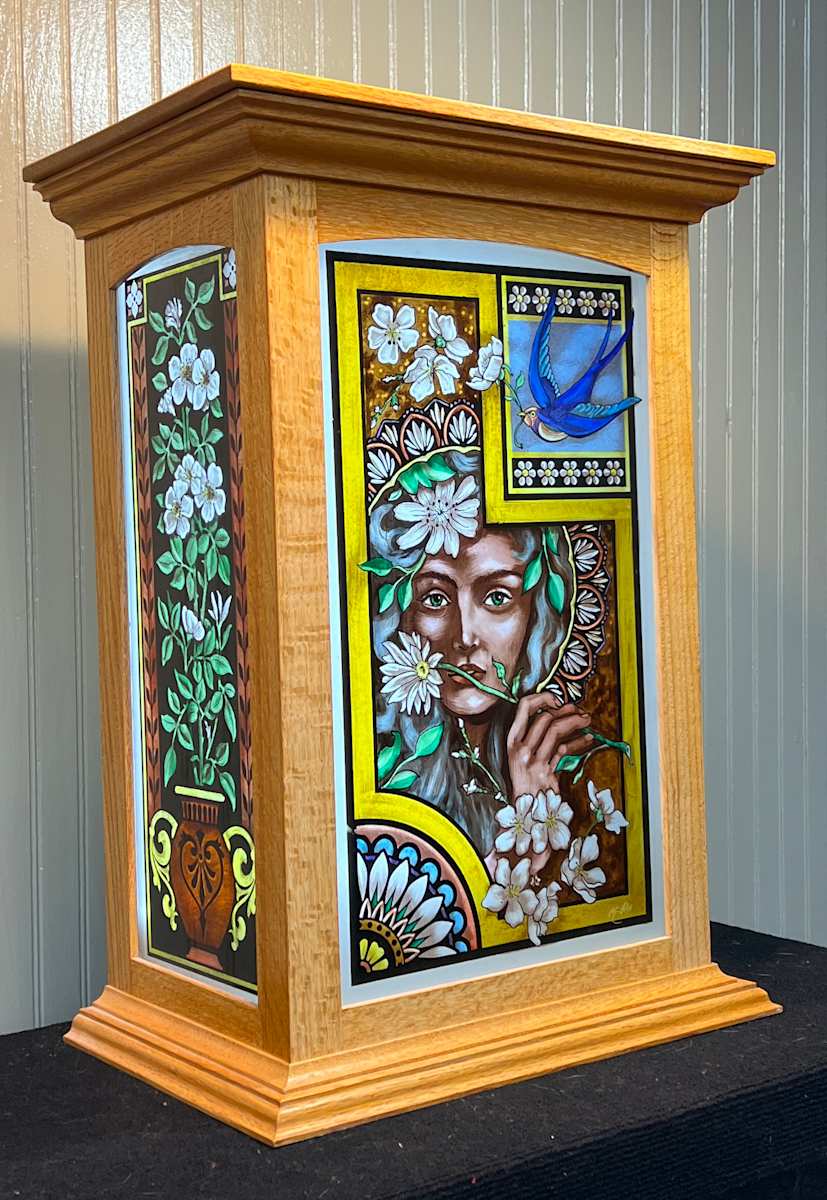 Aesthetic Dream by Sean Michael Felix  Image: An illuminated oak cabinet, with fire painted glass, and LED light panel.