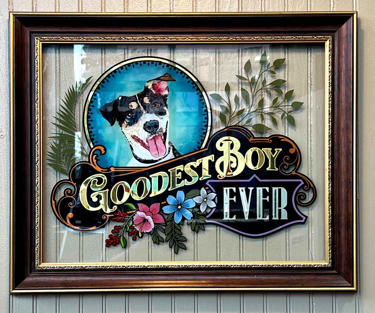 Goodest Boy Ever by Sean Michael Felix  Image: Reverse painted and gilded glass.