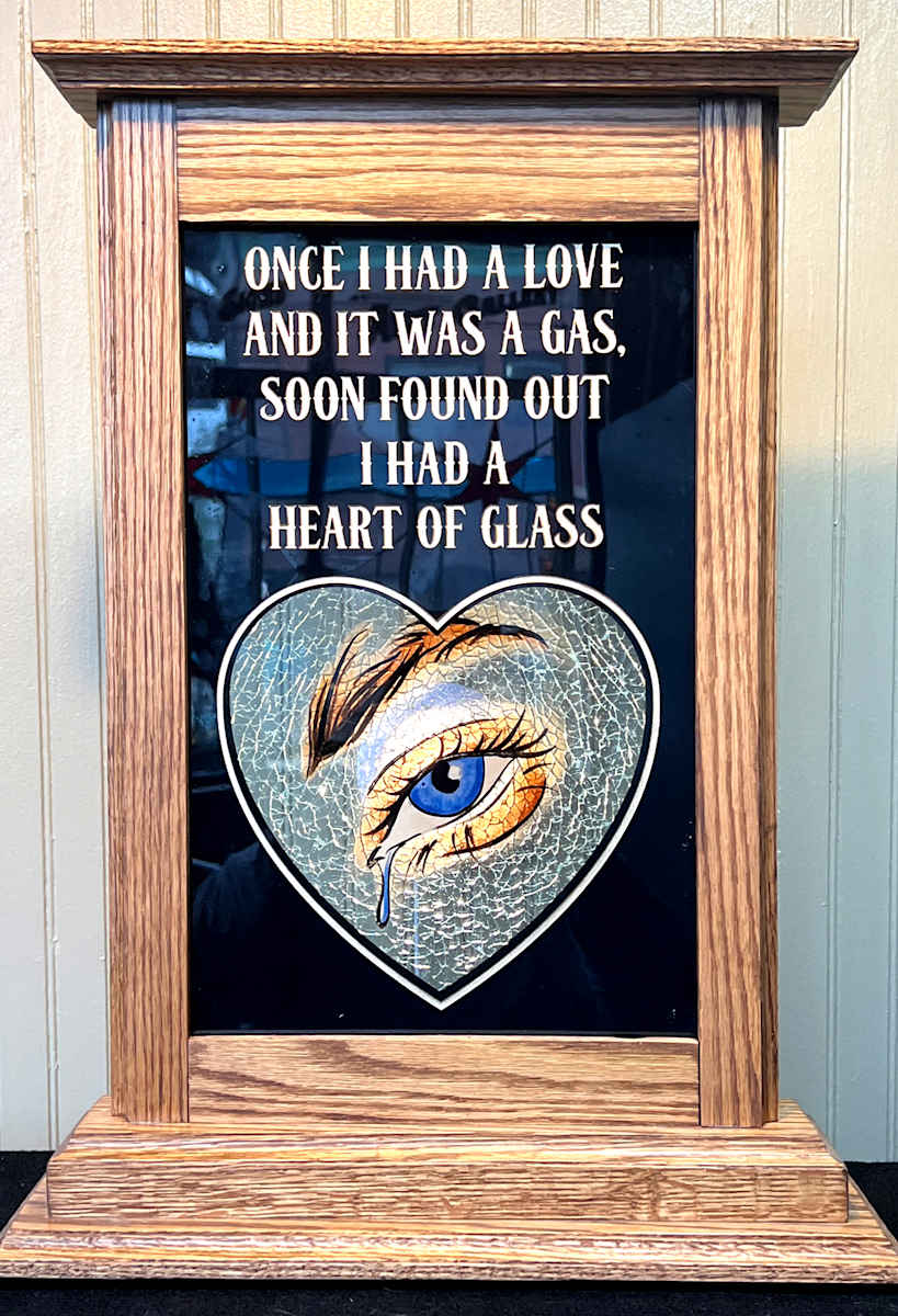 Heart of Glass by Sean Michael Felix  Image: Painted, laminated glass in a standing oak frame