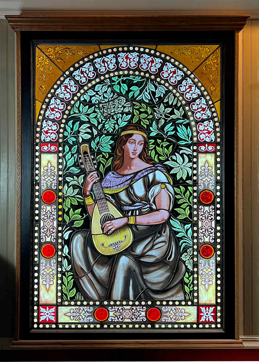 Mercia's Madrigal by Sean Michael Felix  Image: Large illuminated stained glass panel in bespoke frame