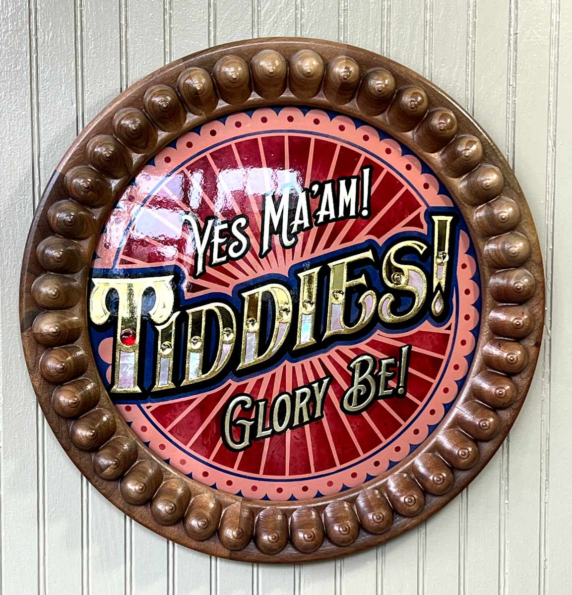 Tiddies by Sean Michael Felix  Image: Painted & gilded slumped glass, bespoke wood frame.