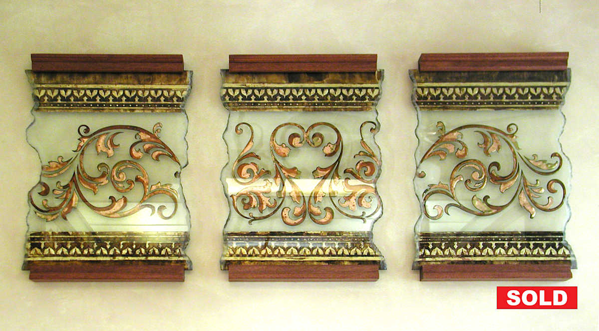 Filigree and Shadow by Sean Michael Felix  Image: Glass panel triptych, carved & gilded.