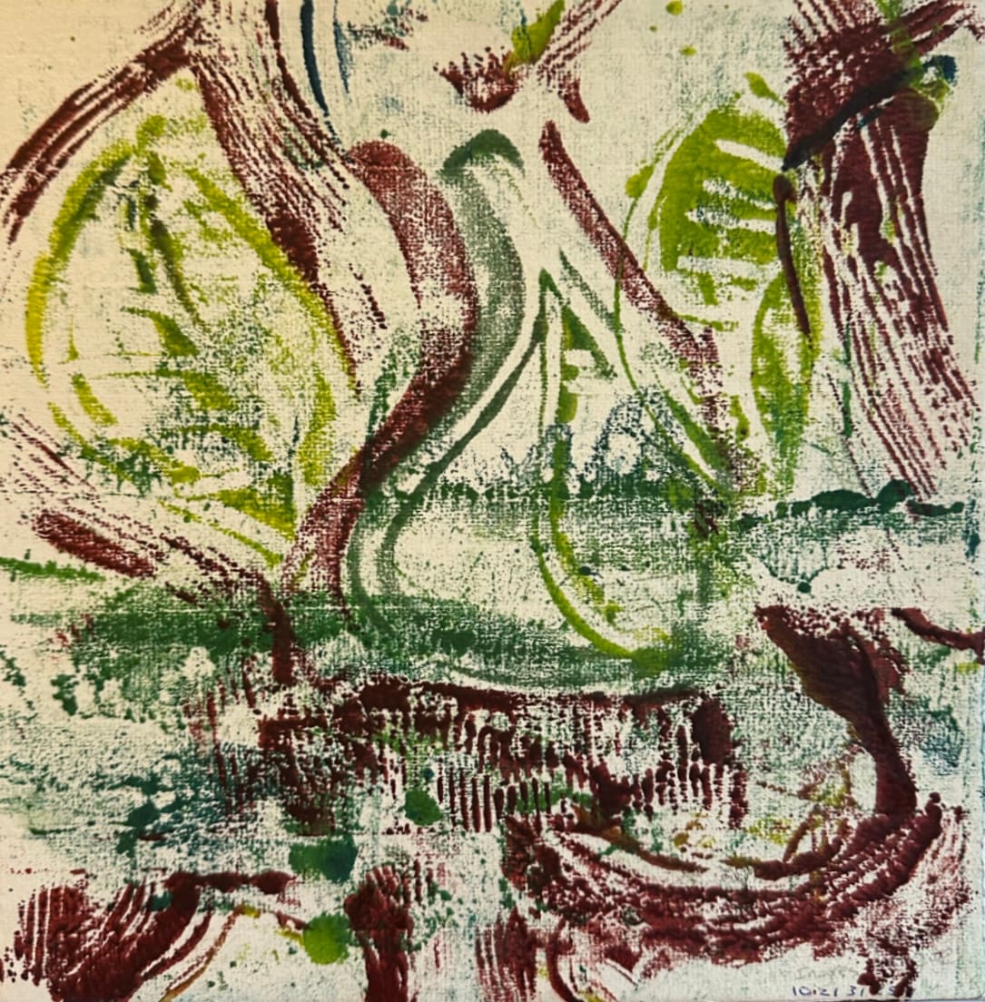 Leaf by Dora Ficher  Image: Encaustic Monotype on paper mounted on panel, 10x10. 