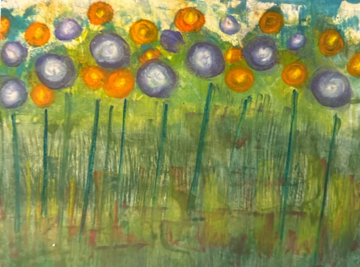 Purple and Orange Poppies by Dora Ficher  Image: Encaustic Monotype on paper mounted on panel, 16x20. 