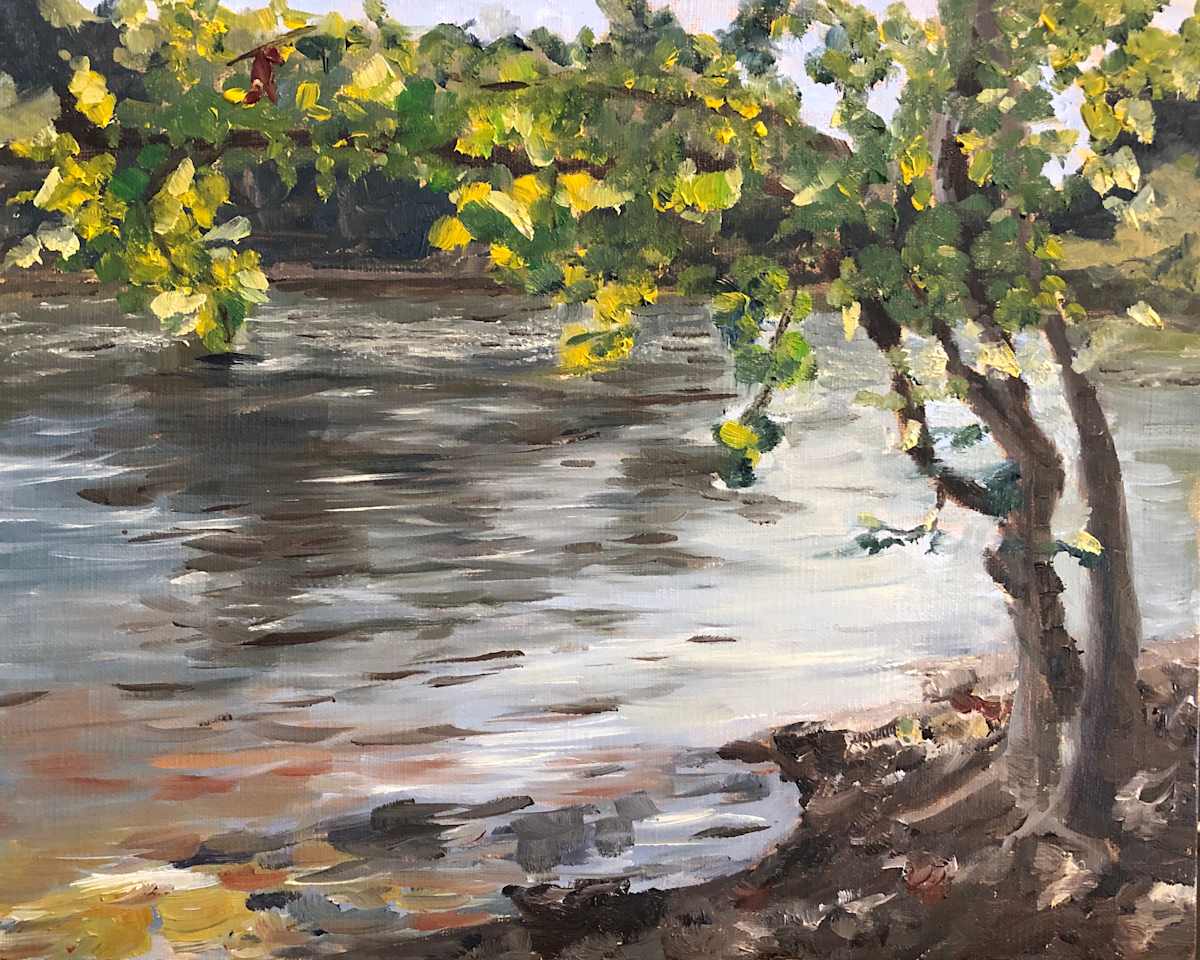 Dappled on the Delaware by Jennifer Gorman-Strawbridge  Image: Framed with a classic gold plein air style wooden frame. Price includes frame.
