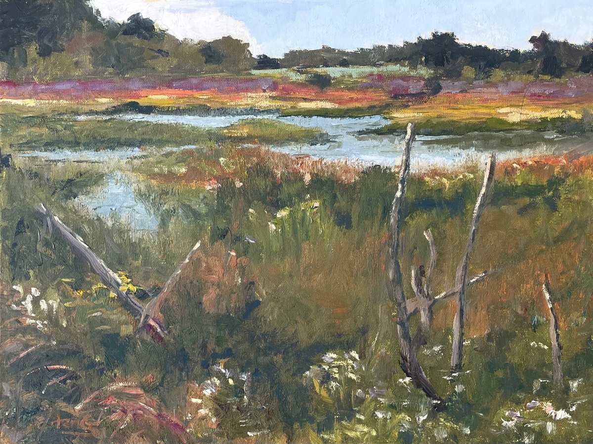 Maine Marshes by Jennifer Gorman-Strawbridge  Image: Framed with a narrow black wooden frame with a dark gold lip. Price includes frame.