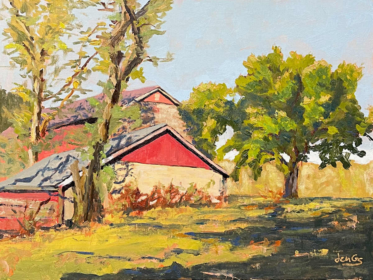 Barns at The Raymond Farm Center by Jennifer Gorman-Strawbridge  Image: Framed with a modern style, simple, panel design, grey/black wooden frame with a deep, metallic contrast lip border, handcrafted in Italy. Price includes frame.