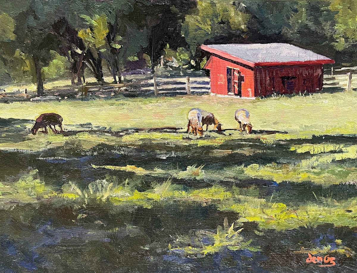 Sheepyard at Plumsock Farm by Jennifer Gorman-Strawbridge  Image: Framed with a narrow black wooden frame with a dark gold lip. Price includes frame.