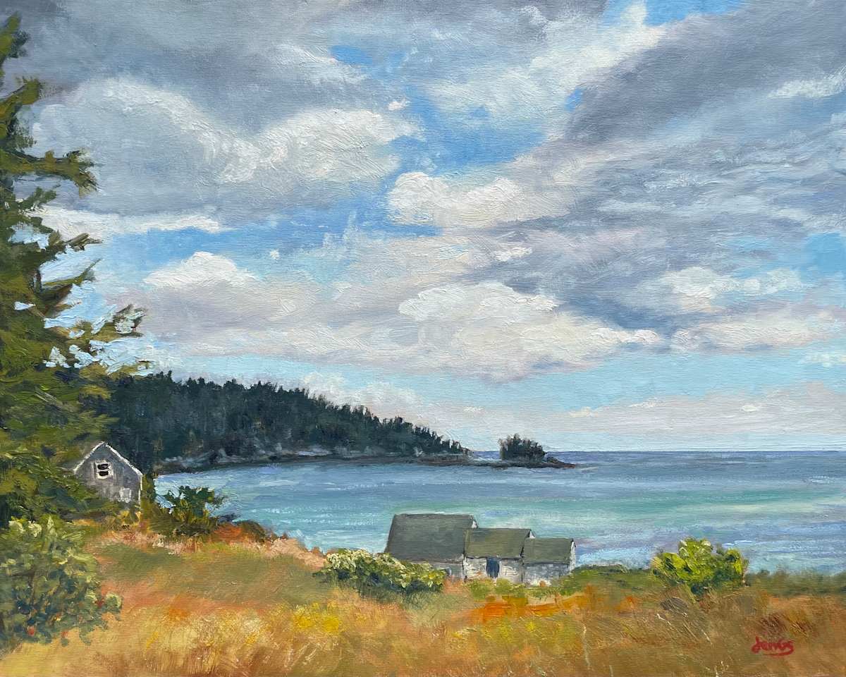 Clouds Over Little River, Downeast by Jennifer Gorman-Strawbridge  Image: Framed with 3-1/2" wide gold hand-leafed, heavy wood frame. Price includes frame.