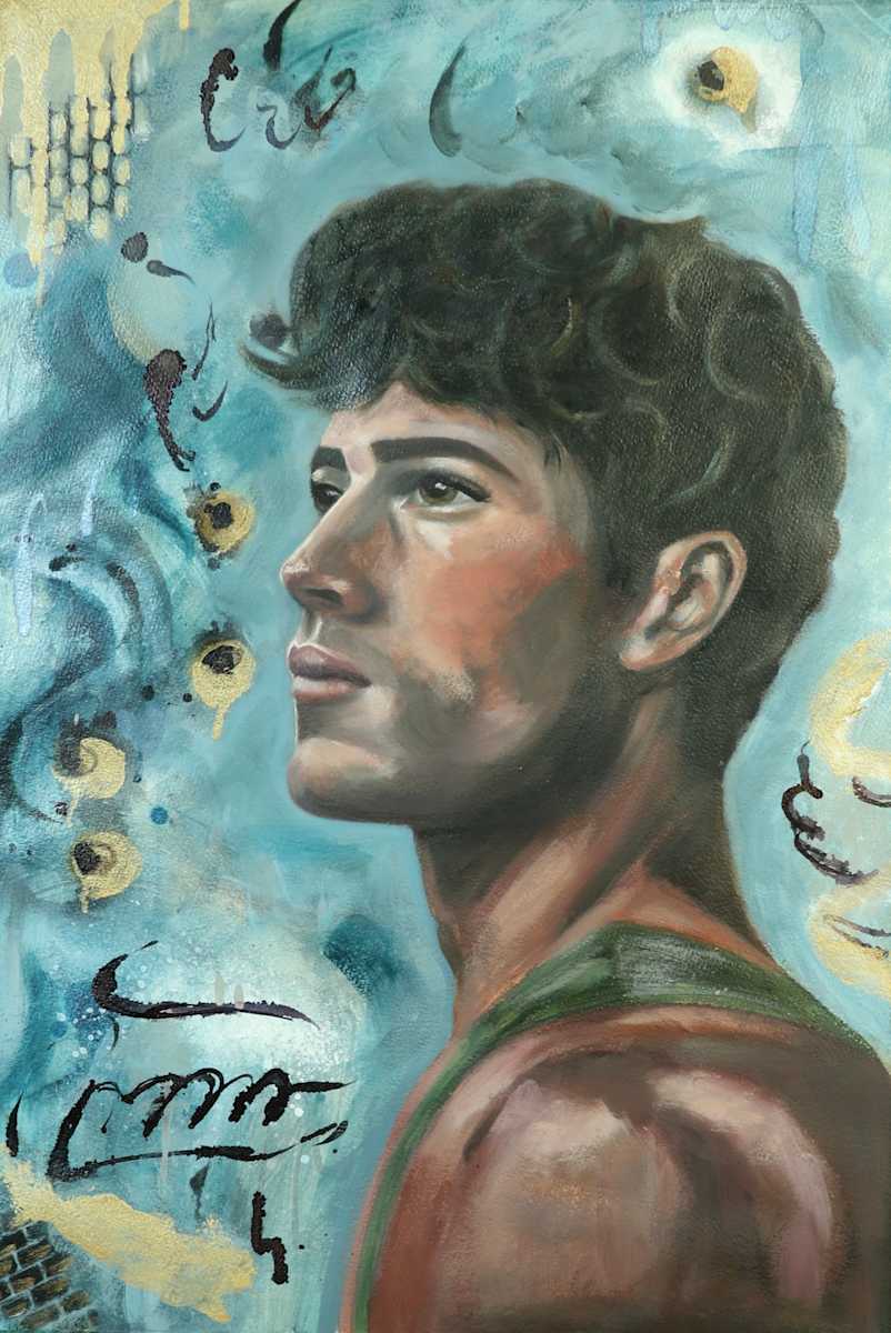 Becoming by Elena Derksen  Image: A contemplative male figure gazes toward the distance, suspended in a dreamlike atmosphere of layered blue tones, abstract gestures, and gold accents. The expressive brushwork and calligraphic marks evoke an inner transformation—his profile etched with strength and vulnerability, as if caught in the moment of becoming who he is meant to be. 