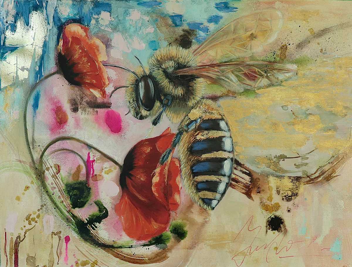 The Pollinator by Elena Derksen  Image: A celebration of the bee’s vital work, this work bridges the energetic buzz of movement with the elegance of nature. Vivid poppies and gilded textures create a vibrant ecosystem where precision and spontaneity coexist.