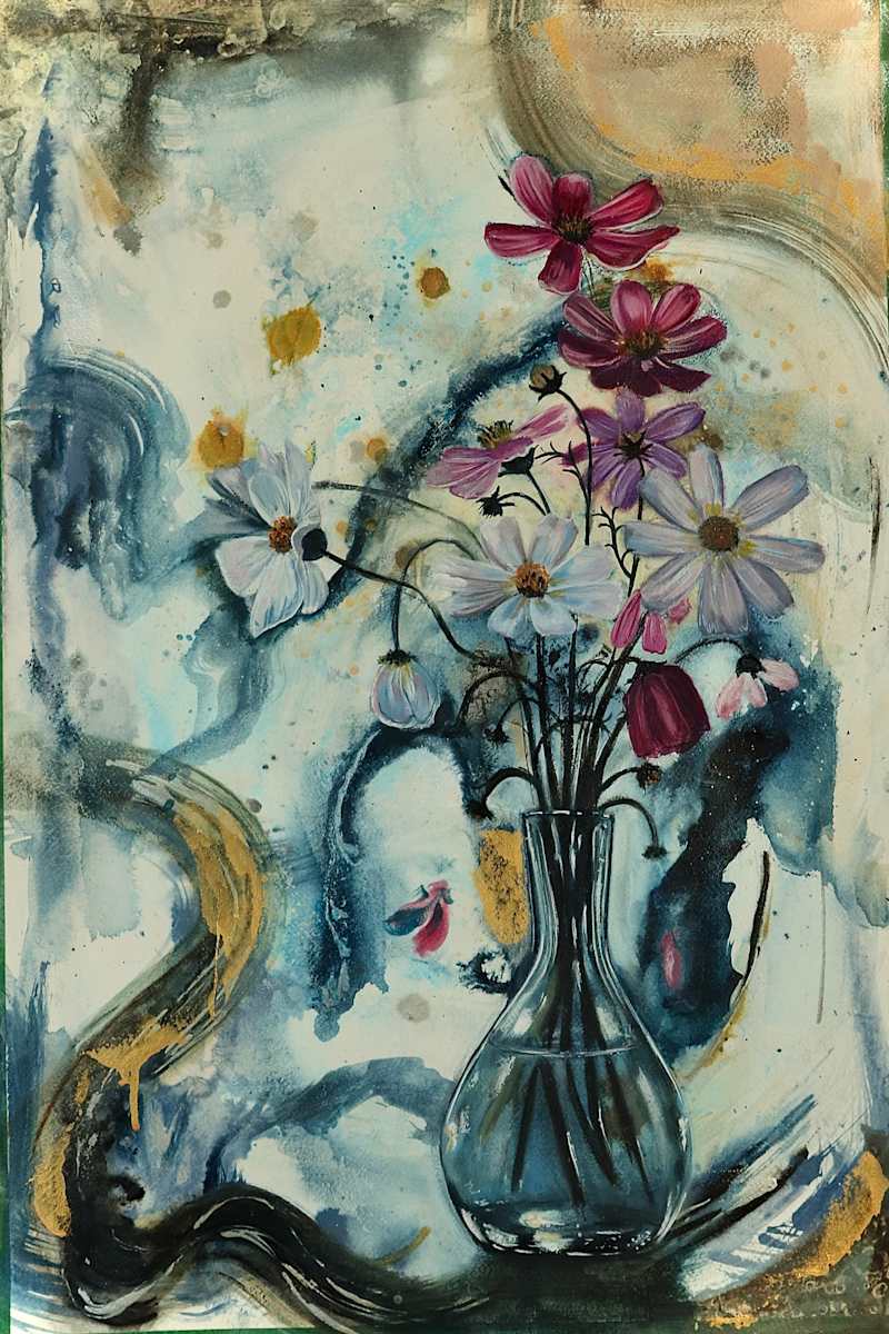 Cosmos by Elena Derksen  Image: Delicate cosmos flowers sway within a clear glass vase, set against a fluid, dreamlike background of blues, golds, and expressive brushwork. The contrast between the detailed blossoms and the abstract space evokes a fleeting moment of grace—an ode to the transient beauty of life and the quiet poetry of nature.
