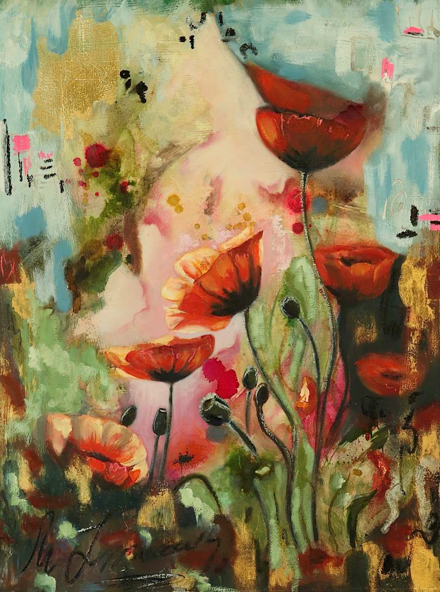 Poppy whispers by Elena Derksen  Image:  This piece is about connection in the natural world. Layers of poppies rise from a dreamscape, inviting viewers into a space where softness and strength bloom side by side.