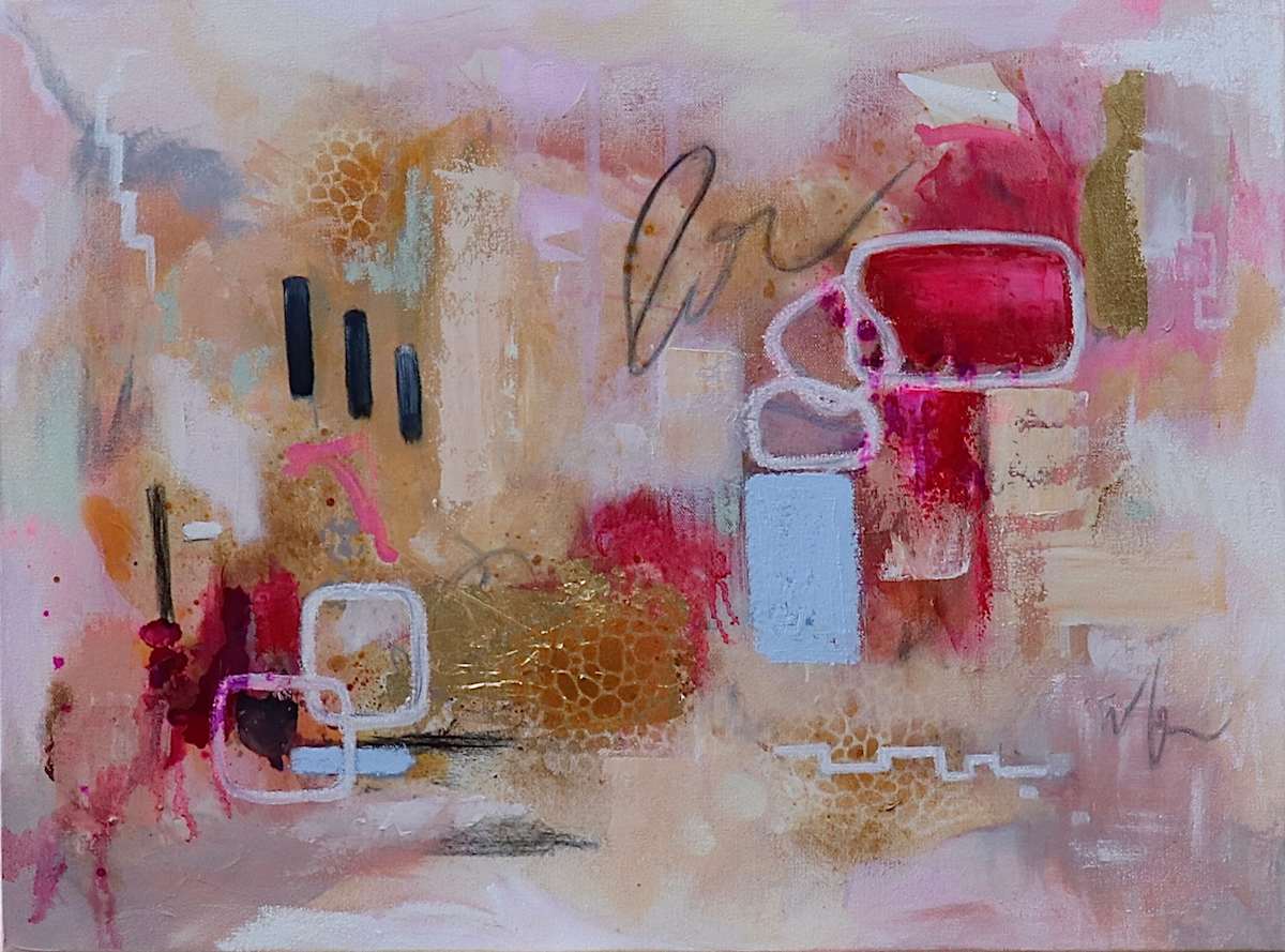 Soft Barriers by Elena Derksen  Image: Flowing pinks, golds, and reds form a warm palette of intimacy. Light blue and white structures attempt to organize the chaos, but the softness of the background resists containment. Like walls that remember touch, this piece evokes the impermanence of boundaries and the tenderness of becoming.