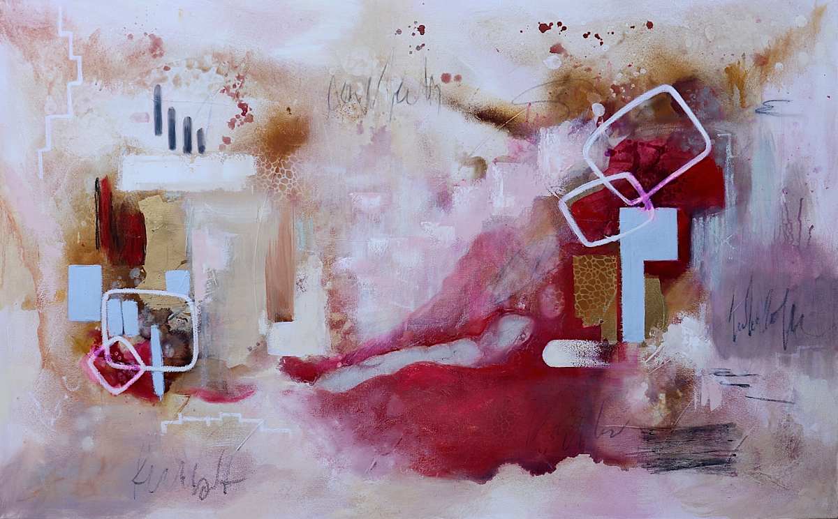 Passage by Elena Derksen  Image: Soft gradients and raw textures guide the eye through a horizontal current—like moving through memory or time. Geometric echoes float across fields of blush, rust, and ivory, evoking a journey that is both internal and unresolved.
