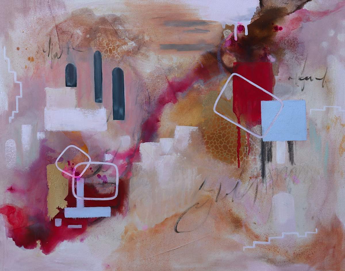 Heart Echoes by Elena Derksen  Image: Rigid pillars rise from a mist of soft tones and fragmented marks, suggesting the bones of emotional architecture. A scarlet diagonal cuts across the center like a heartbeat, while ghostly outlines hint at memory and conversation. This piece captures the tension between what is built and what is felt.