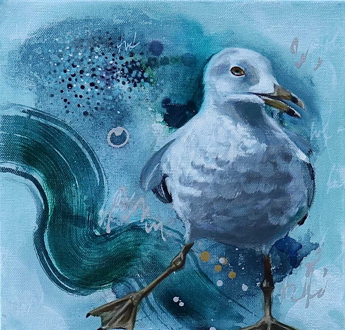 Stepping Out by Elena Derksen  Image: A contemplative series blending abstract flow with avian form, „Guardians of the Shore“ explores the quiet symbolism of seagulls—solitary, graceful, and ever tethered to the rhythm of sky and sea.

